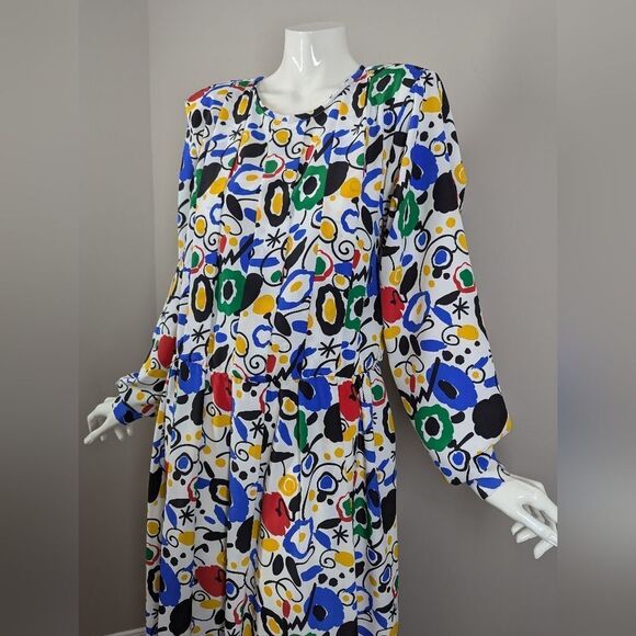 Vintage 80s Abstract Print Midi Dress Colorful Pleated Shoulder Long Sleeve Size - Picture 2 of 8